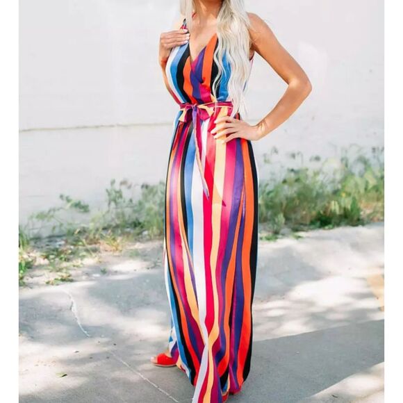 Willow & Root Multi-Color Surplice V-Neck Stripe Maxi Dress Tie Waist Size 2 - Picture 1 of 15